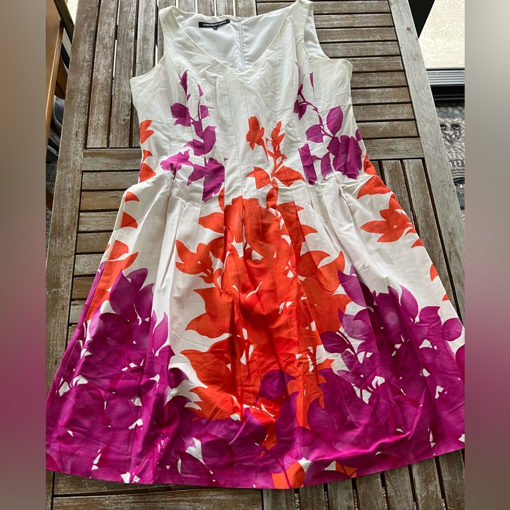 Jones Wear Dress Floral 16 Cotton Sleeveless Fit Flair Pink Orange Lined Womens